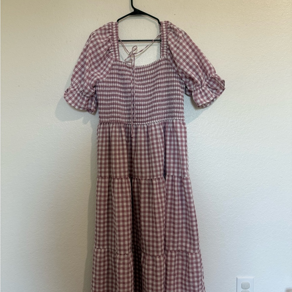 Chic Gingham Puff Sleeve Midi Dress - Pink